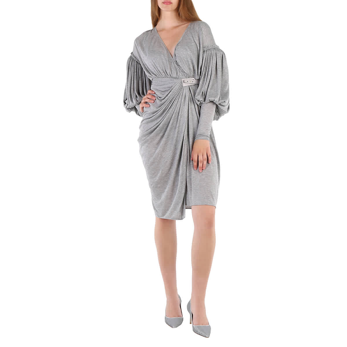 

Burberry Ladies Pewter Melange Платье из джерси с драпировкой спереди и рукавами-фонариками, Pewter Melange