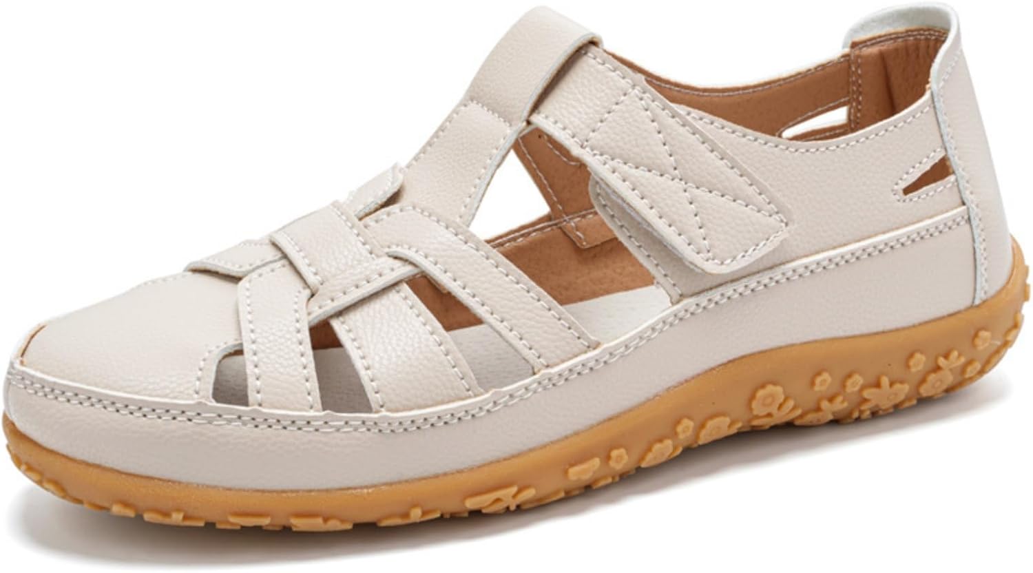 

Женские летние кожаные сандалии для рыбака, повседневные мягкое дно с полостью, не скользящие с закрытым круглым носком, регулируемый крючок, сандалии для ходьбы, легкие удобные пляжные туфли Kajxz, бежевый