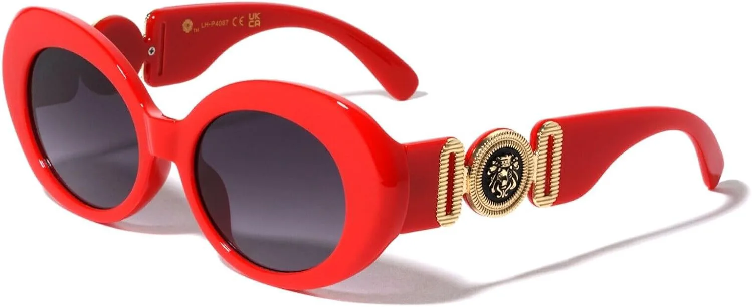 

Женские солнцезащитные очки Dweebzilla круглой овальной формы с золотым медальоном в виде головы льва и «глаза насекомого», Red & Gold Frame - Black Gradient Lenses