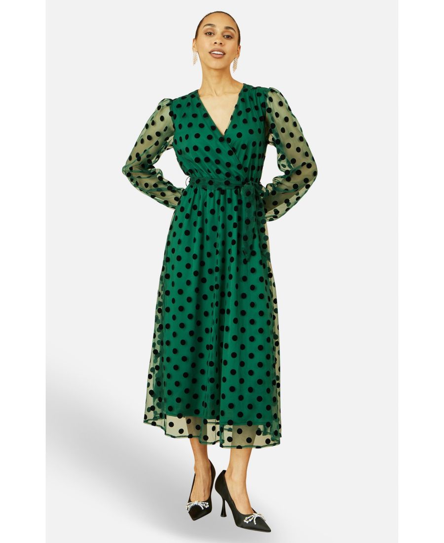 

Женское миди-платье-трапеция с сетчатым запахом и запахом Yumi, Green