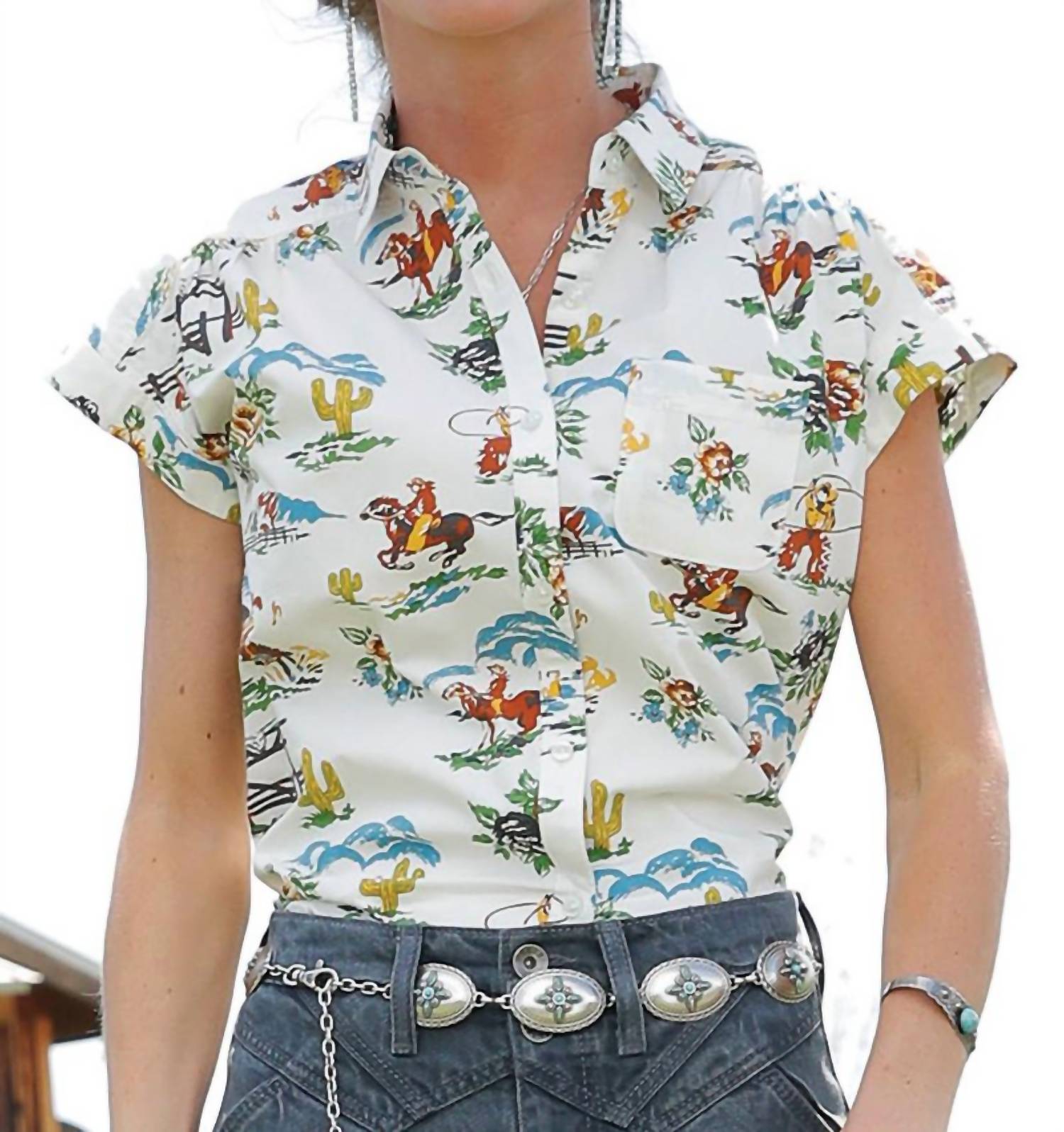 

Женская ретро-ковбойская рубашка с коротким рукавом в разноцветном принте Cruel Girl, мультиколор