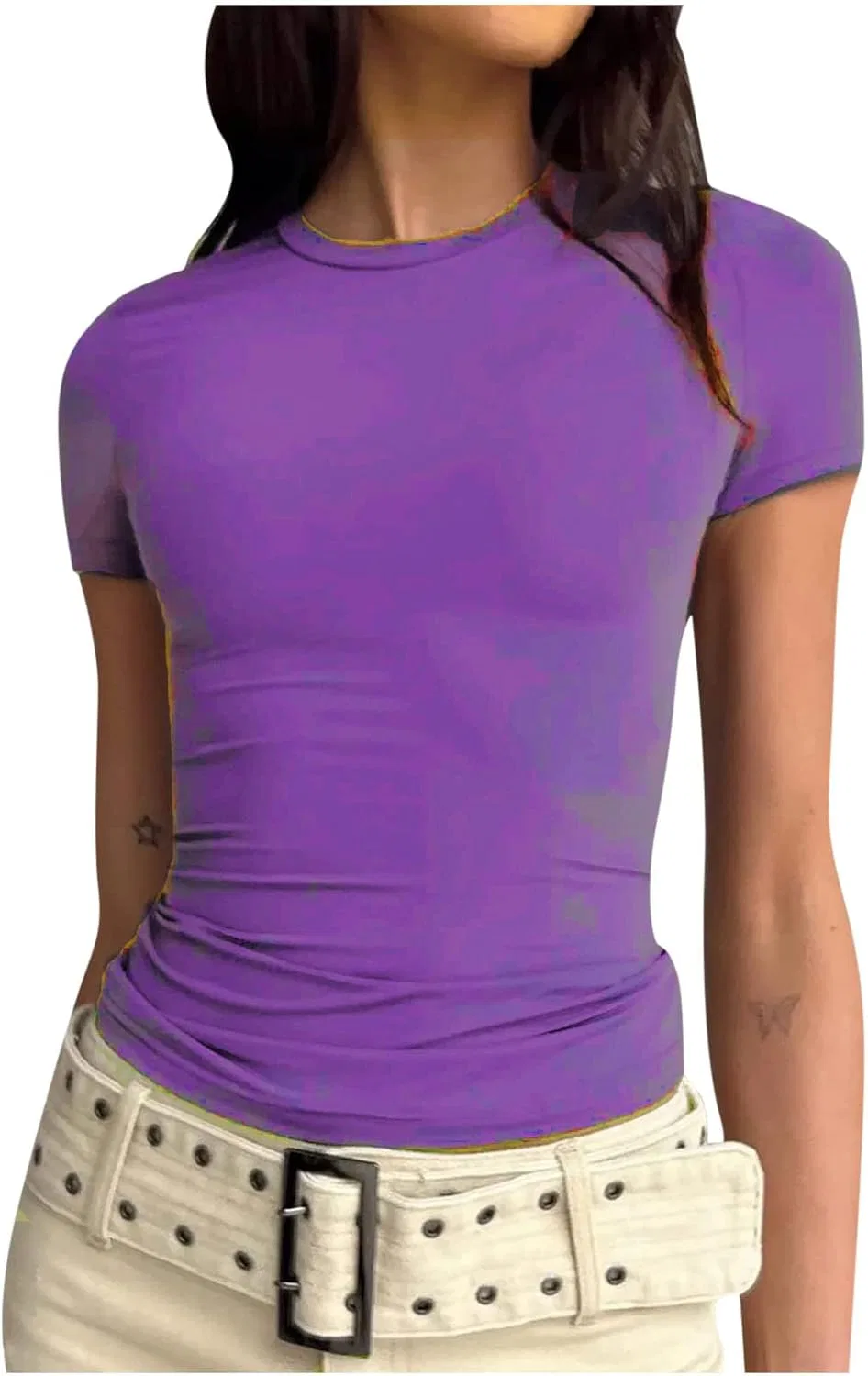 Crop топ с v-образным вырезом, короткий рукав, облегающий, женский, Purple