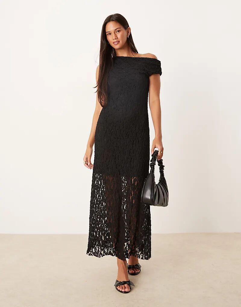 

Платье миди с кружевом и спущенными плечами ASOS DESIGN черного цвета