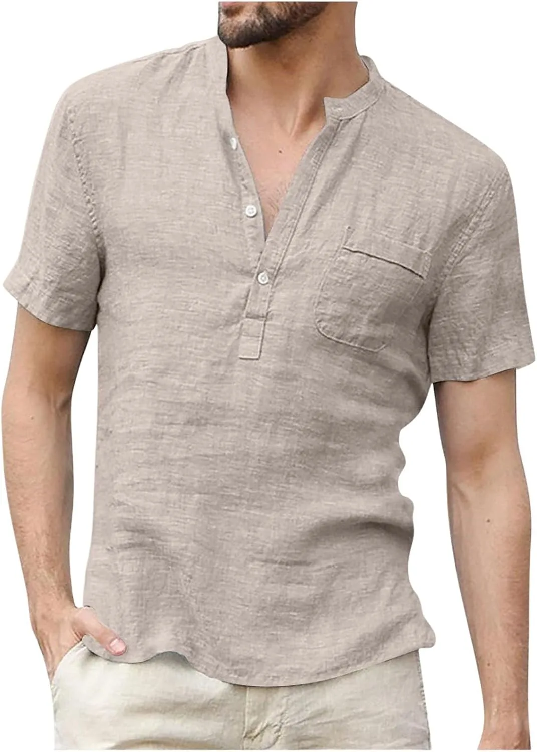 

Мужская хлопковая льняная футболка-хенли с коротким рукавом и карманом CHXLQQX