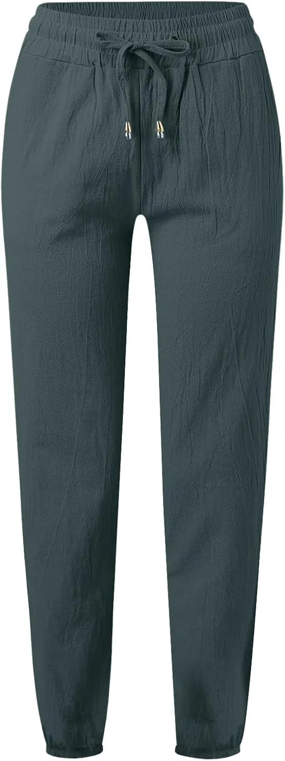 Штаны женские с высокой талией, свободные, из хлопка и льна, с карманами, army Green — фото 3