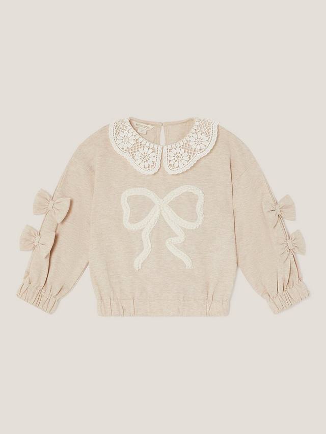 

Детский хлопковый свитер с кружевным воротником и бантом Monsoon, Ivory