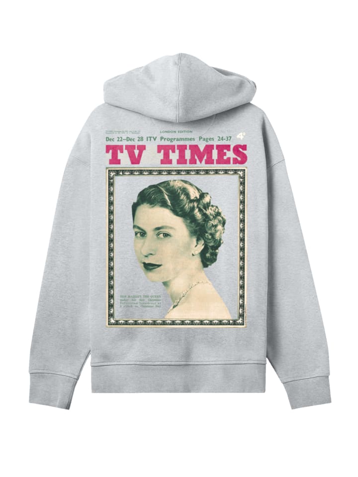 

Толстовка с капюшоном TV Times с изображением королевы Елизаветы II 1957 года, серая в крапинку F4NT4STIC