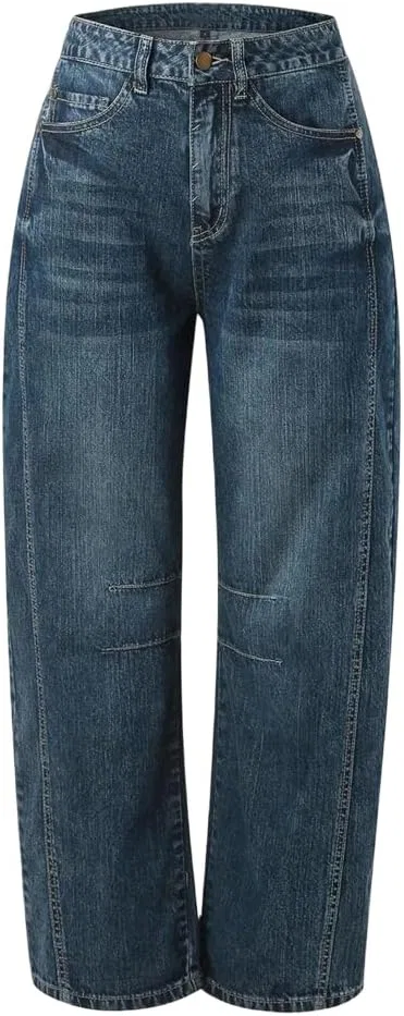 Женские джинсы Mid Rise Barrel, потертые широкие укороченные, свободный крой Boyfriend Fit с карманами Generic, синий