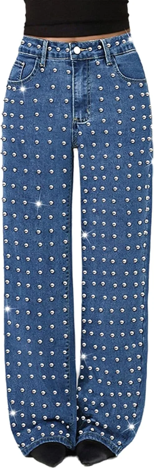 

Женские джинсы прямого кроя baggy mid rise с пайетками и заклепками в стиле панк MRNYQBM