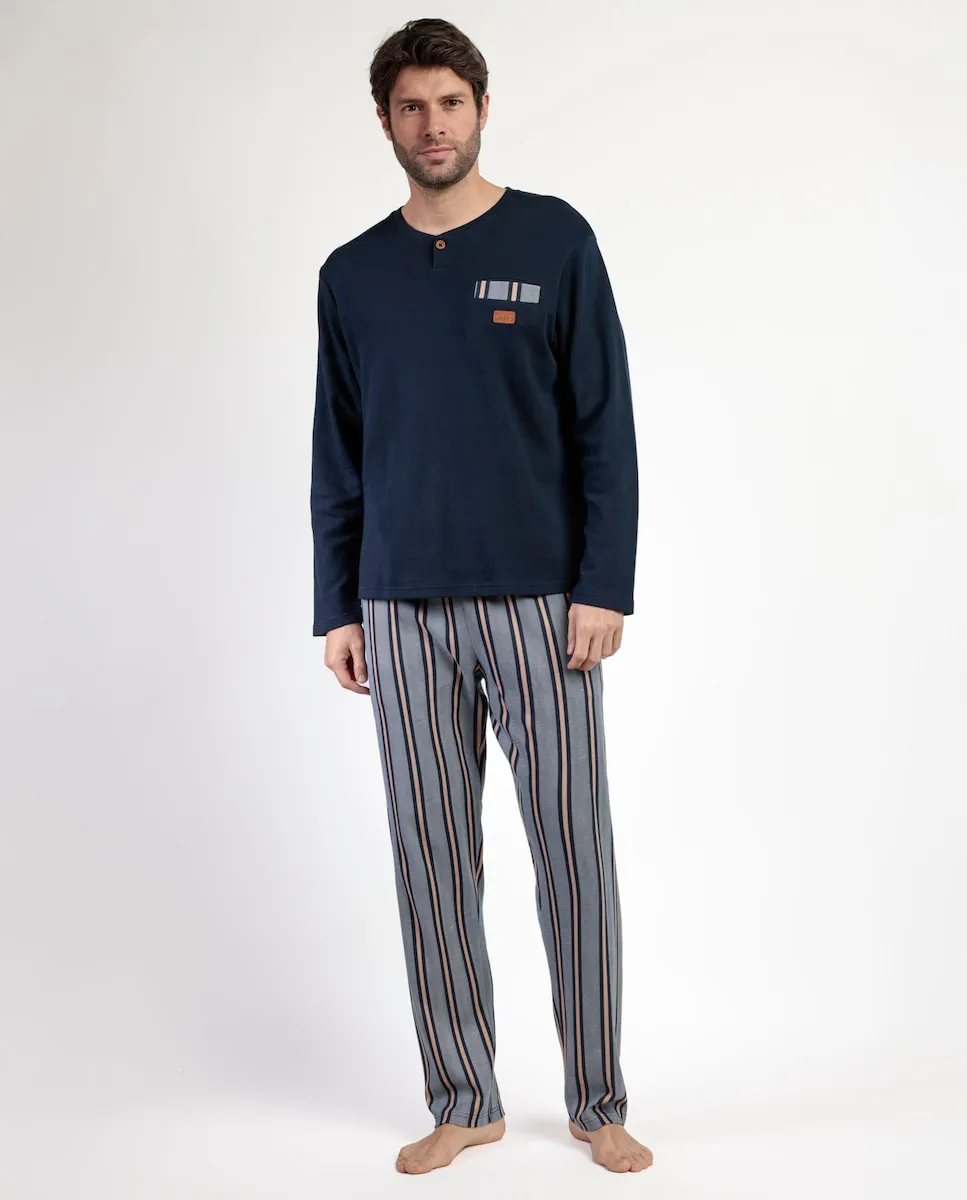 

Мужская длинная пижама из хлопка синего цвета Admas