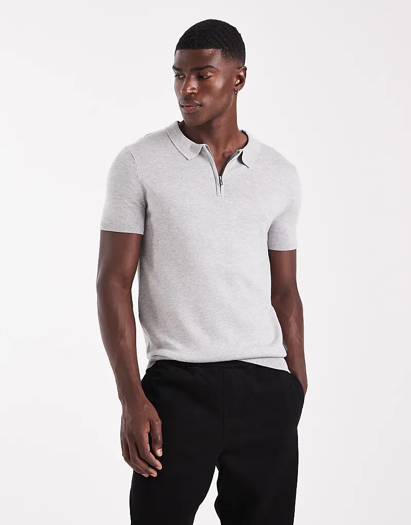 

Рубашка поло French Connection с короткими рукавами и застежкой-молнией 1/2 светло-серого цвета