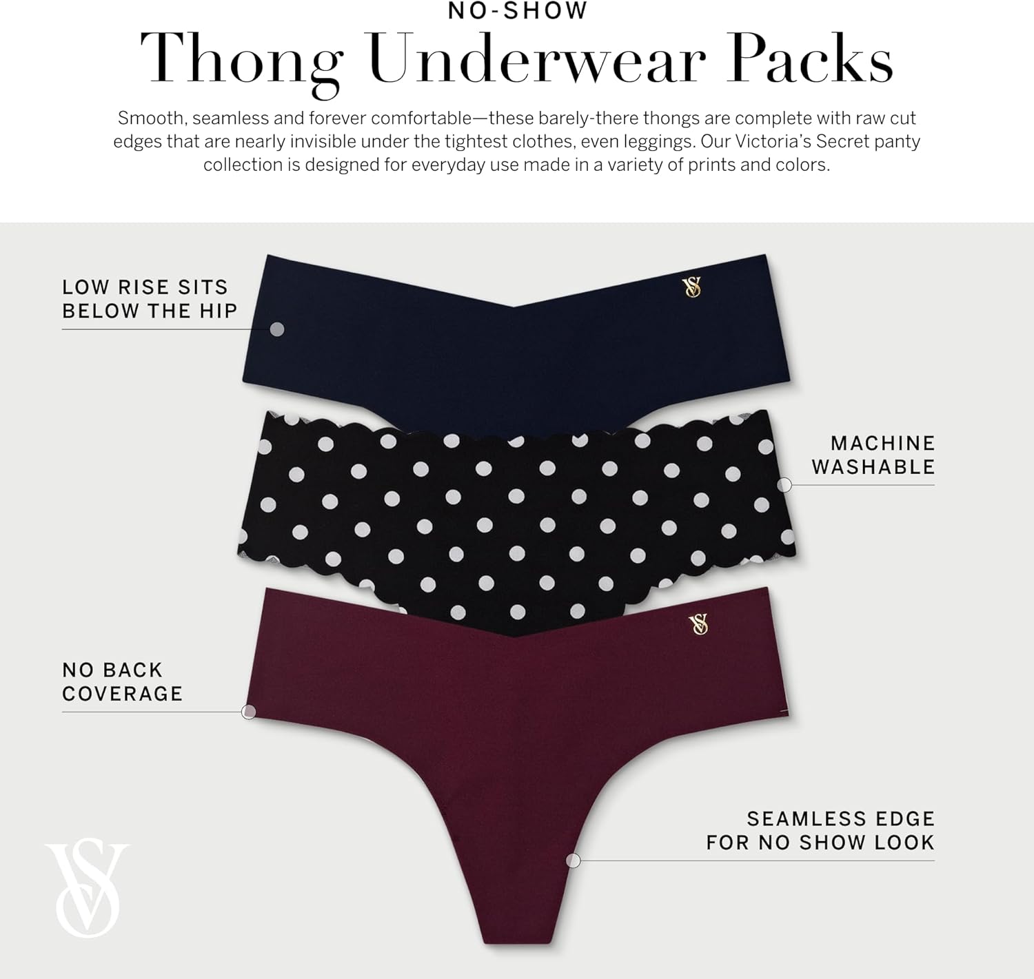 Женские трусики-стринги Victoria's Secret Women's No Show Thong Underwear, Neutral Mix — фото 3