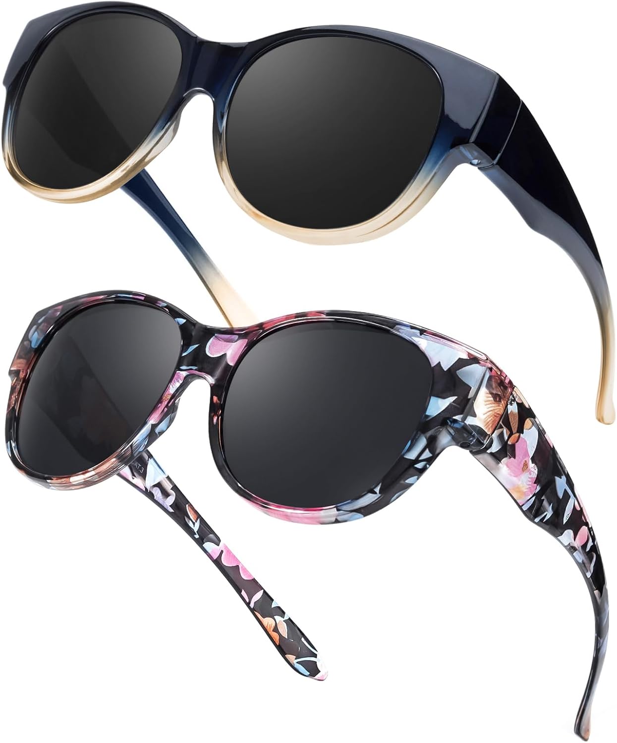 

Солнцезащитные очки TJUTR увеличенного размера для женщин. Модные поляризованные солнцезащитные очки, надеваемые поверх очков с диоптриями, с защитой от УФ-излучения UV400, A12(2 Pack) Blue Brown Gray + Floral Gray