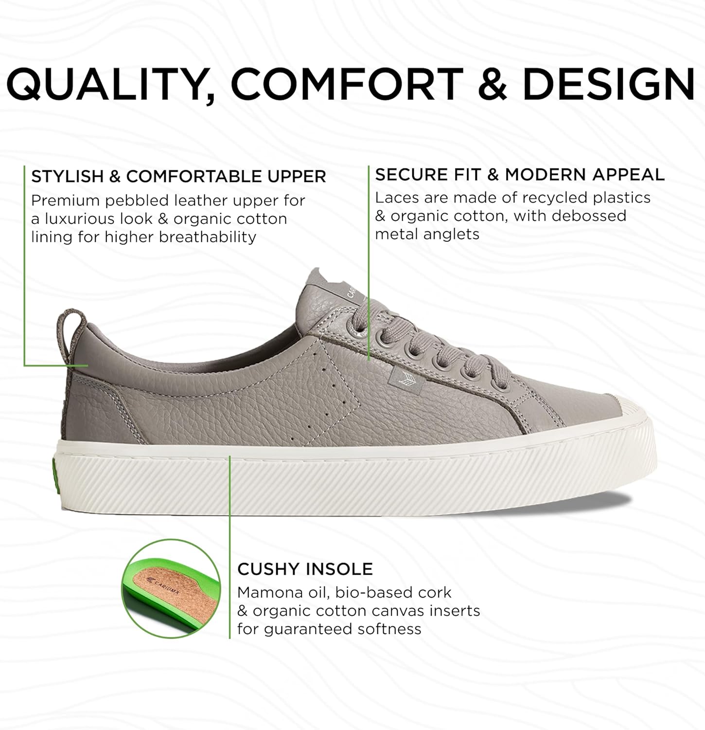 Кроссовки Cariuma OCA Low Premium Leather, удобная обувь для мужчин, легкая и экологичная, универсальная повседневная обувь с 100 веганскими стельками, резиновая подошва, серый — фото 2