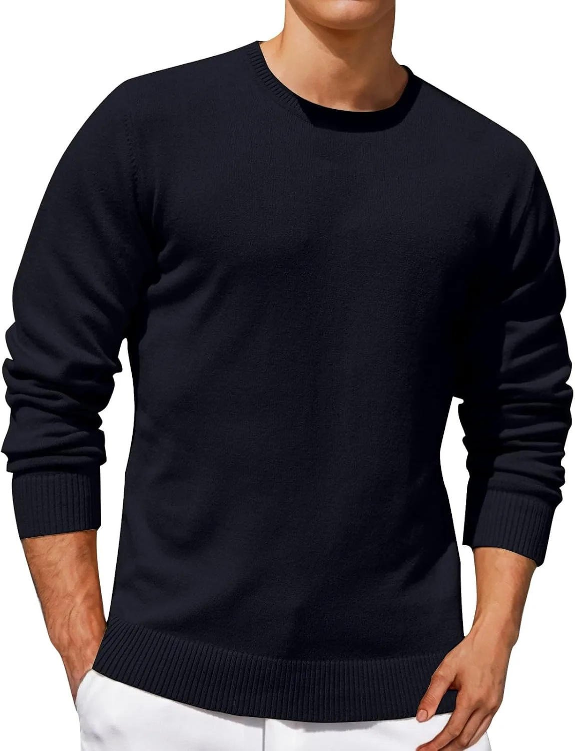 

Свитер с круглым вырезом для мужчин, длинный рукав, легкий, хлопок, приталенный