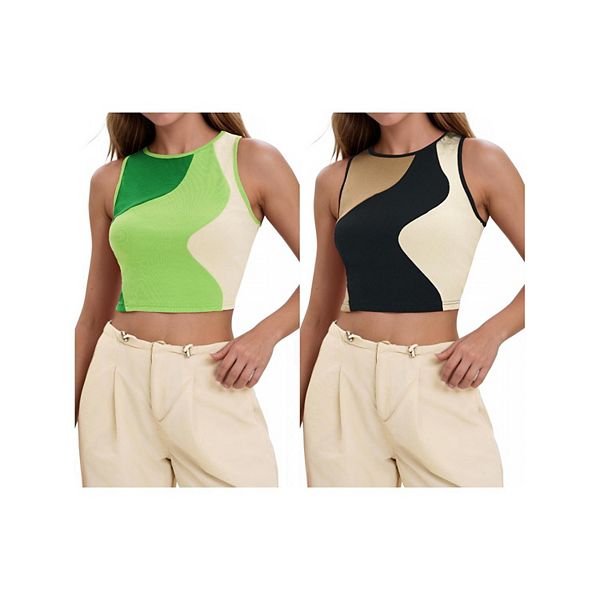 

2 упаковки цветных маек-топов для женщин летние ребристые безрукавки кроп-топы базовые топы для выхода Athlechic, Black Brown Green
