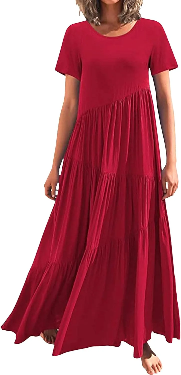 Женское платье Easter Dress летнее повседневное бохо с цветочным принтом макси с круглым вырезом струящееся для пляжа и отпуска Generic, красный