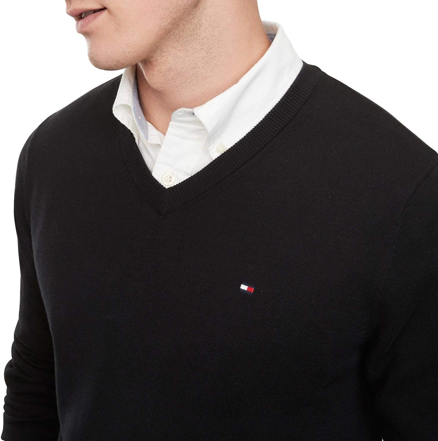 Мужской хлопковый свитер Tommy Hilfiger с V-образным вырезом, черный, Black — фото 2