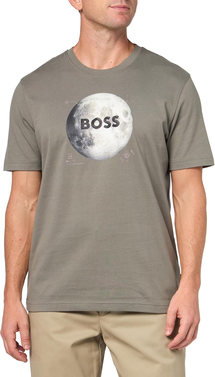 

Мужская хлопковая футболка с логотипом Moon от BOSS, Fossil Grey, Серый, Мужская хлопковая футболка с логотипом Moon от BOSS, Fossil Grey