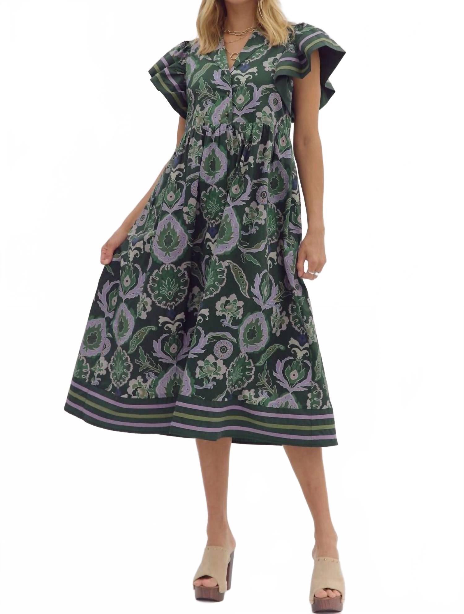 

Платье миди с виноградной лозой и фиолетовым оттенком зеленого цвета Entro, зеленый