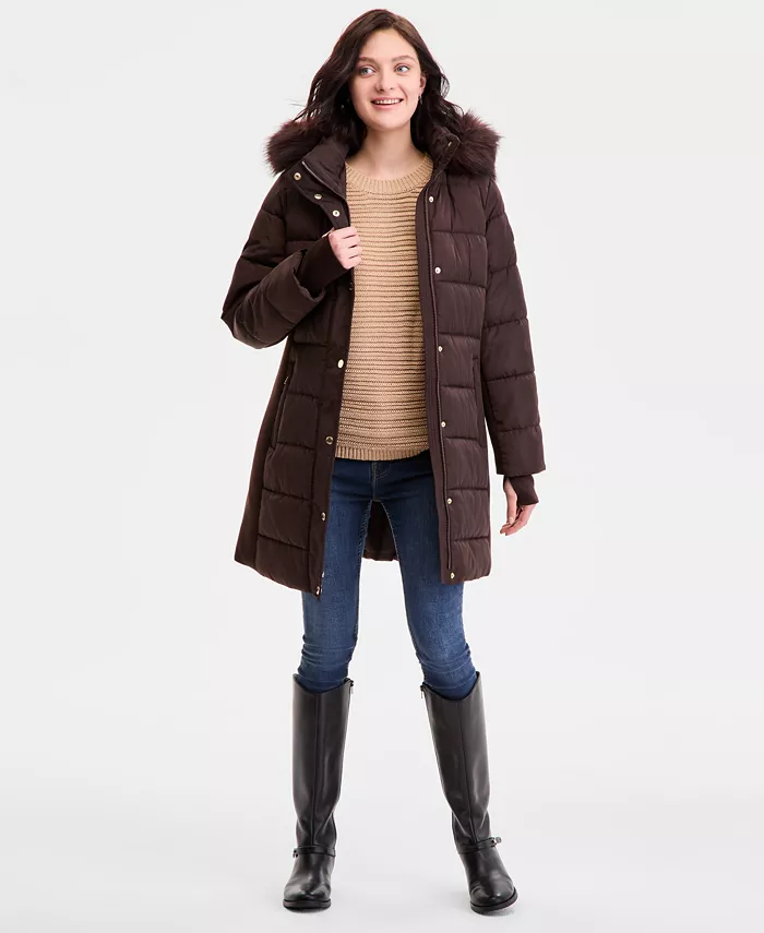 

Женская пуховик с капюшоном и отделкой из искусственного меха Michael Kors, коричневый