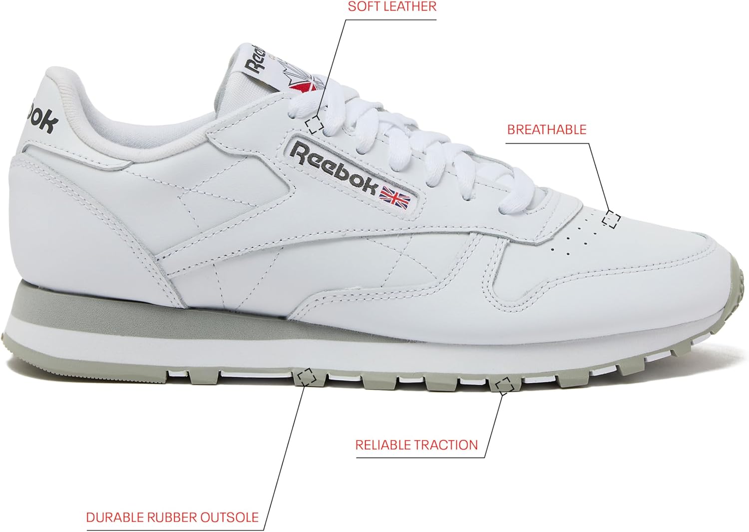 Кроссовки Reebok Classic Leather для мужчин, белый/серый — фото 3