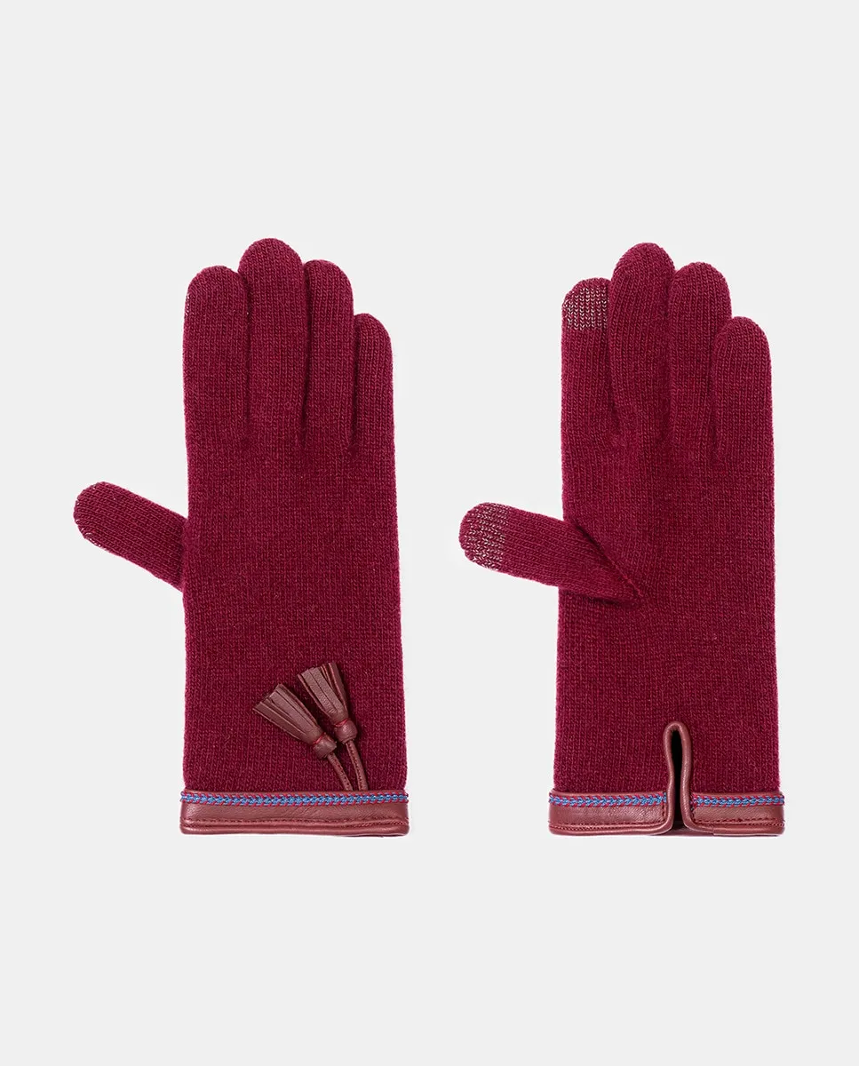 

Перчатки вязаные из шерсти с манжетами и кожаными бахромами Santacana, бордовый