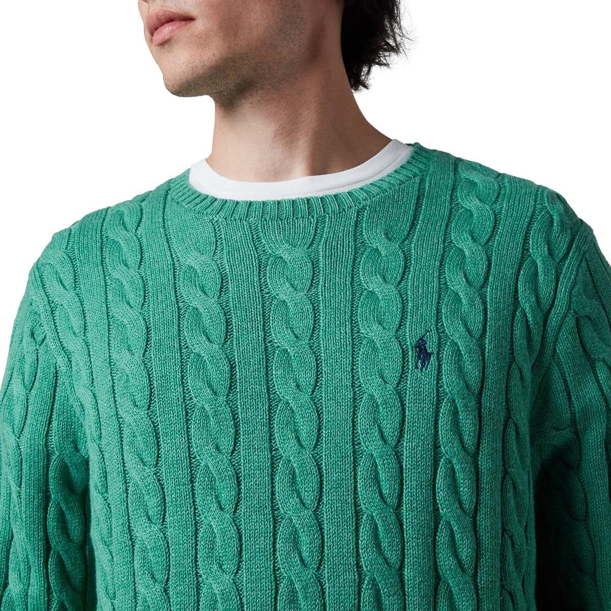 Polo Ralph Lauren мужской свитер из хлопка с косой вязкой, Pomatic Green Heather — фото 3