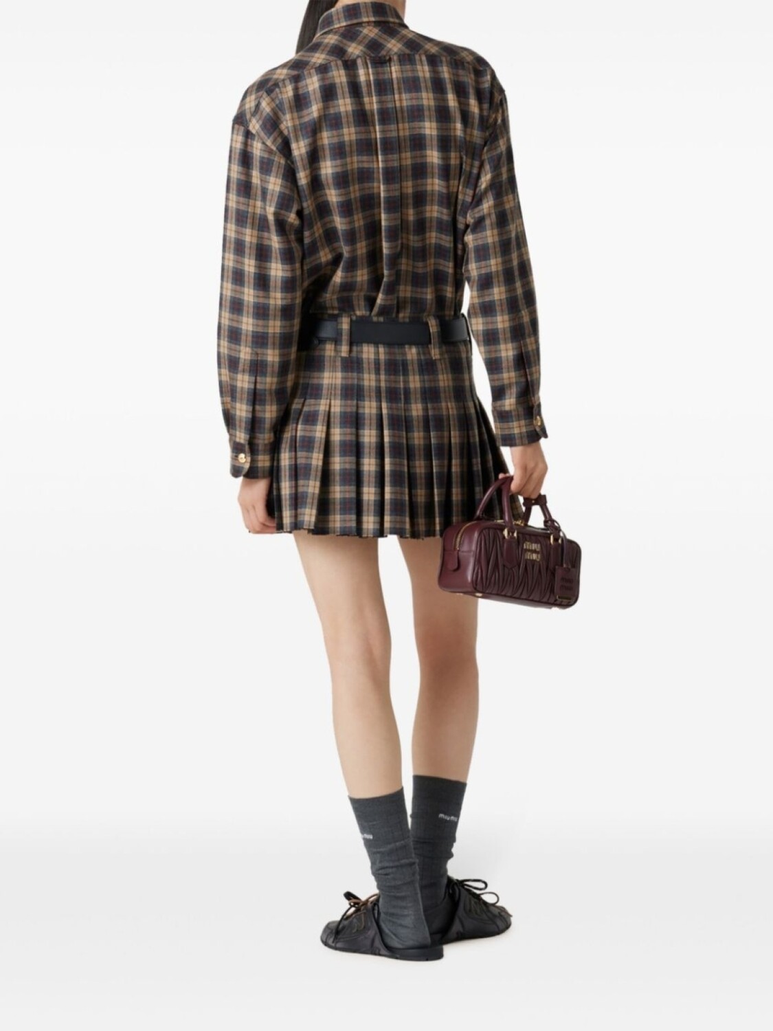 Шерстяная рубашка в клетку тартан Miu Miu, коричневый — фото 3