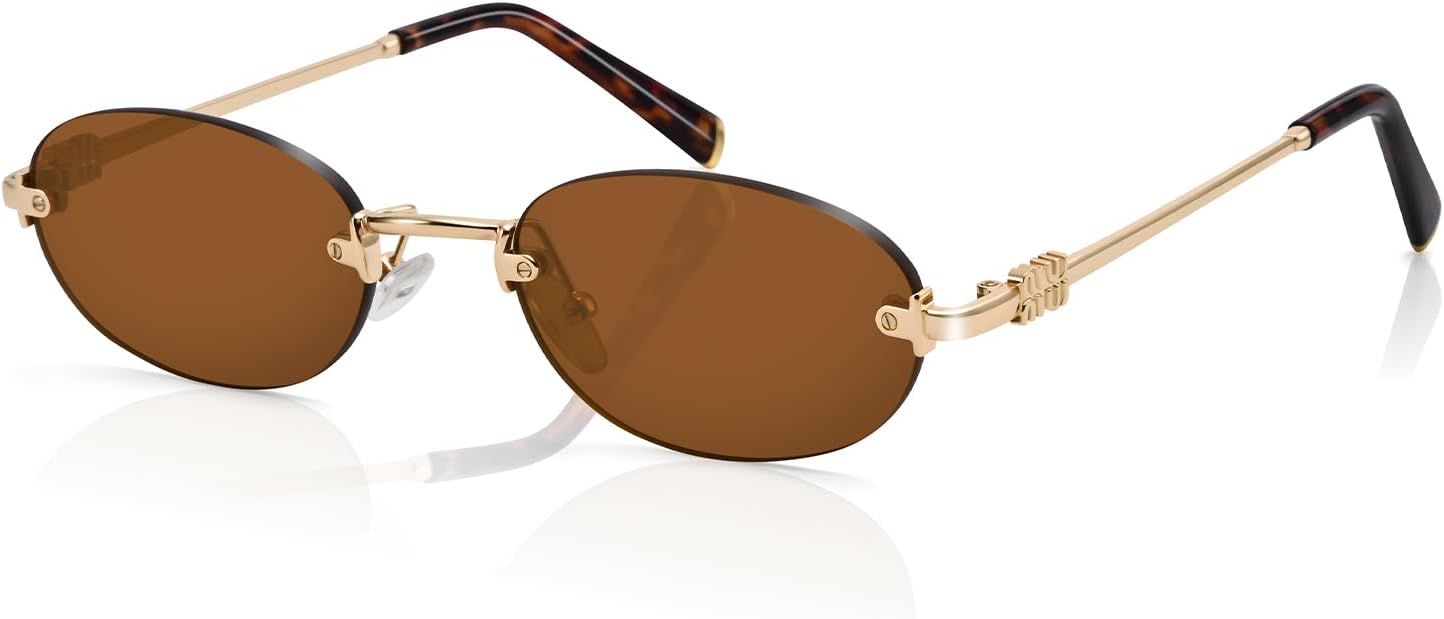 

Солнцезащитные очки Bouryo Retro Small Oval для женщин - модные солнцезащитные очки без металлической оправы - стильные узкие солнцезащитные очки в стиле Y2K от дизайнеров, A3-gold/Brown Lens