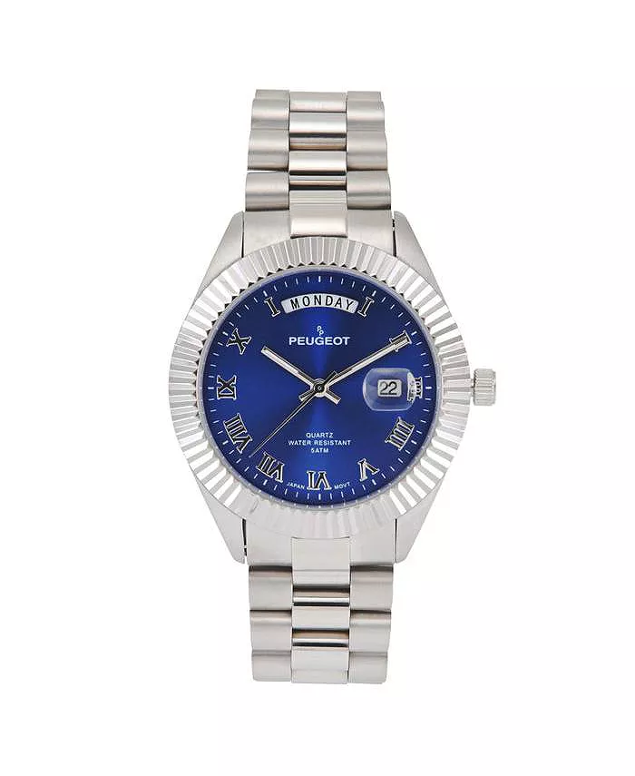 

Мужские часы с синим циферблатом 40 мм, стальной браслет, рифленый безель Peugeot, синий