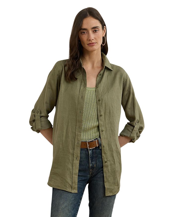 

Льняная рубашка с длинным рукавом, воротником и пуговицами, Regular & Petite Ralph Lauren, зеленый