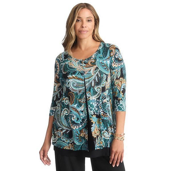 

Туника с круглым вырезом и двойным слоем для женщин plus size Jessica London, Frost Teal Paisley
