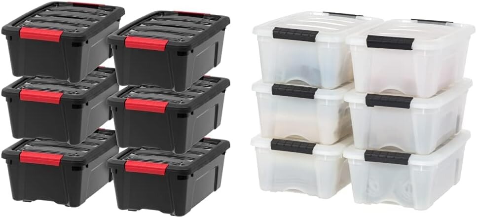 

IRIS USA, 12 упаковок, 12 кварт, пластиковые контейнеры для хранения черного и перламутрового цветов с крышкой и пряжками | Набор из 12 шт., Black