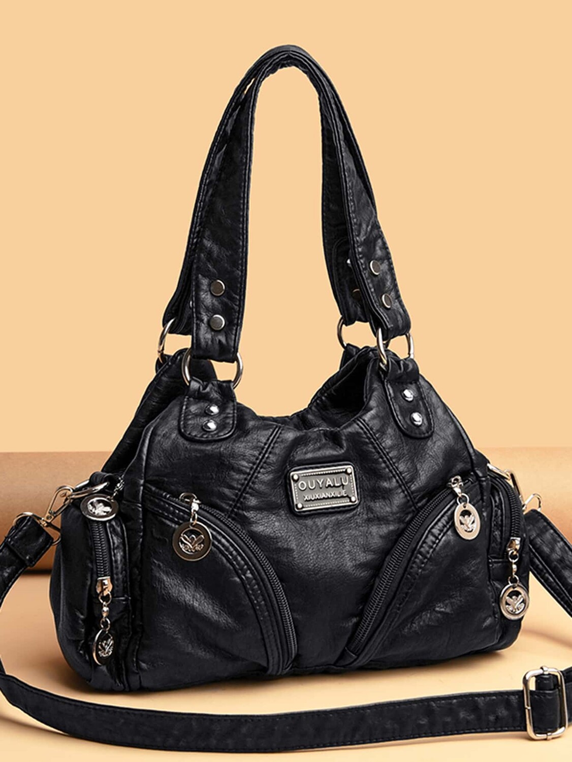 

Модная и простая уличная стильная элегантная модная сумка для покупок/повседневная/дорожная сумка с несколькими карманами и заклепками Сумка через плечо/сумка через плечо, черный