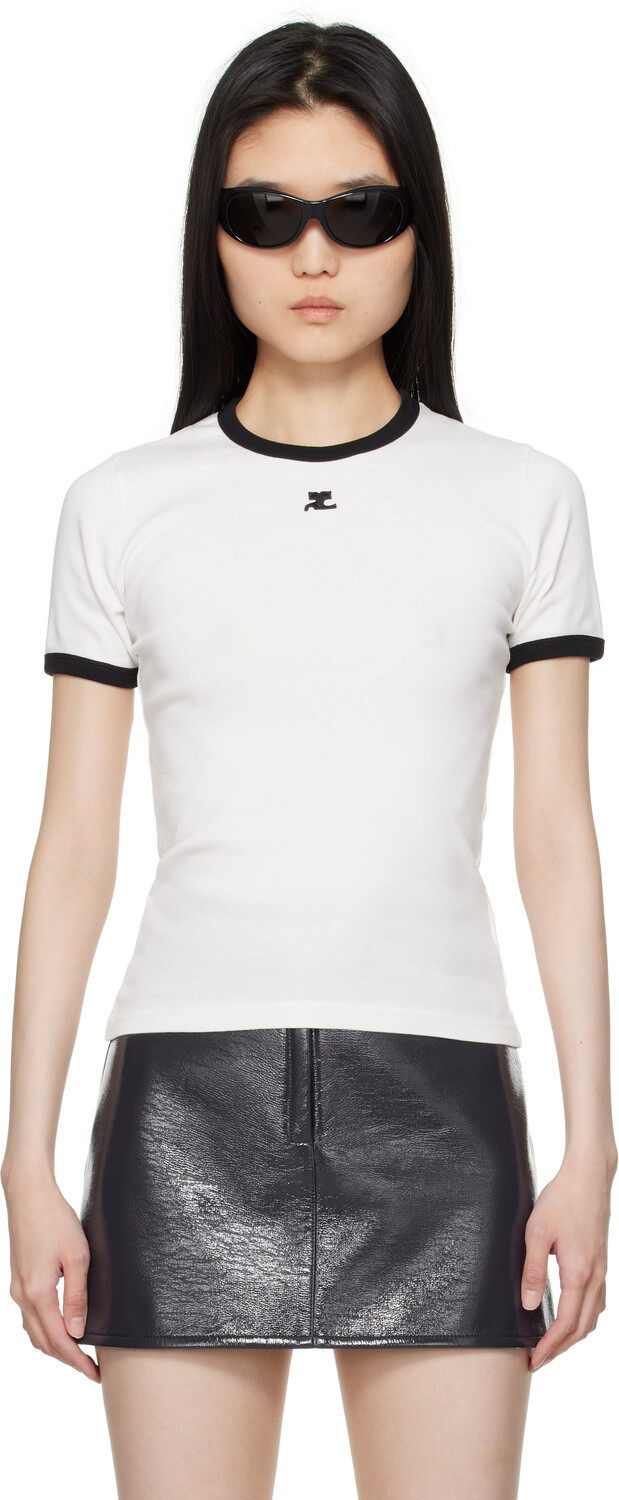 

Белая и черная фирменная контрастная футболка Courreges, Heritage white/Black