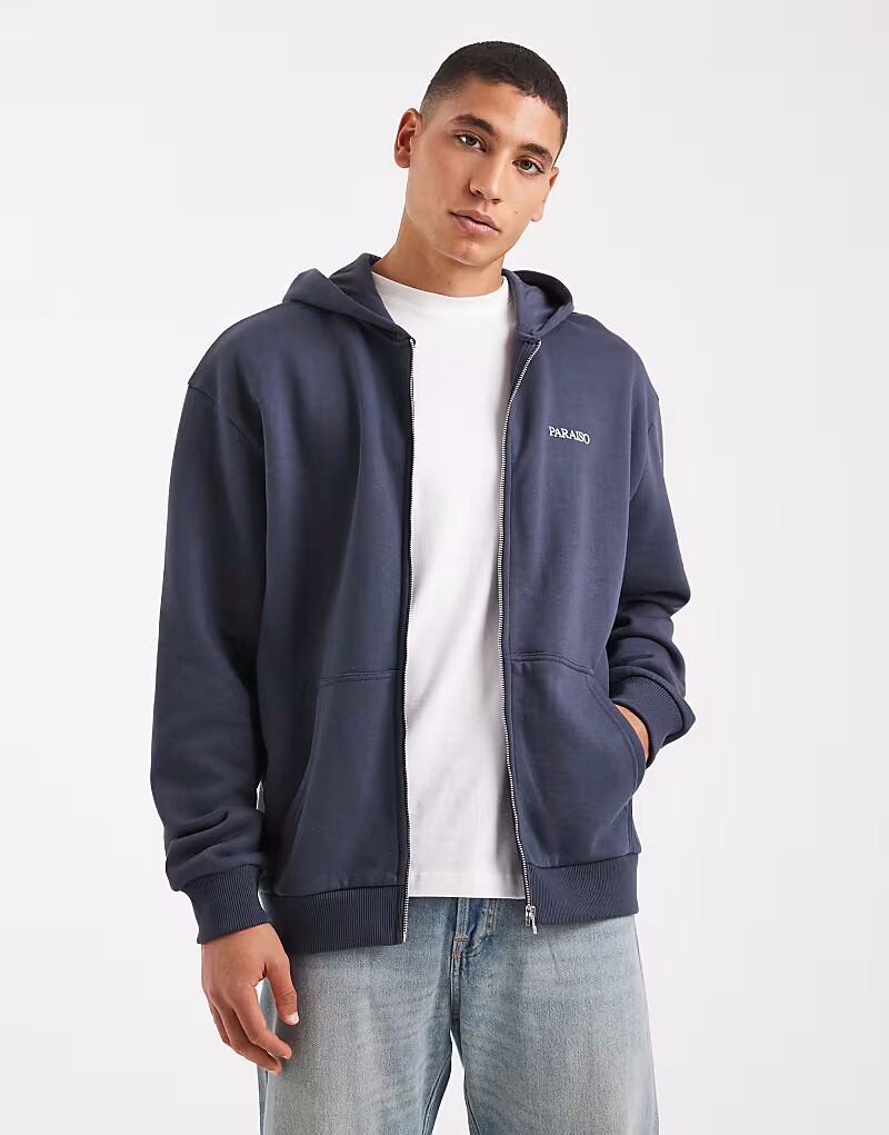 

Свободная толстовка с капюшоном на молнии с аппликацией синего цвета Asos Design