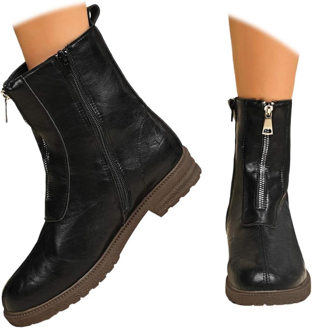 

Удобные ботильоны на низком каблуке для женщин, обувь для ходьбы с поддержкой свода стопы, винтажные ретро с круглым носком, боковой молнией, плоские короткие ботинки для женщин и мужчин Generic, черный