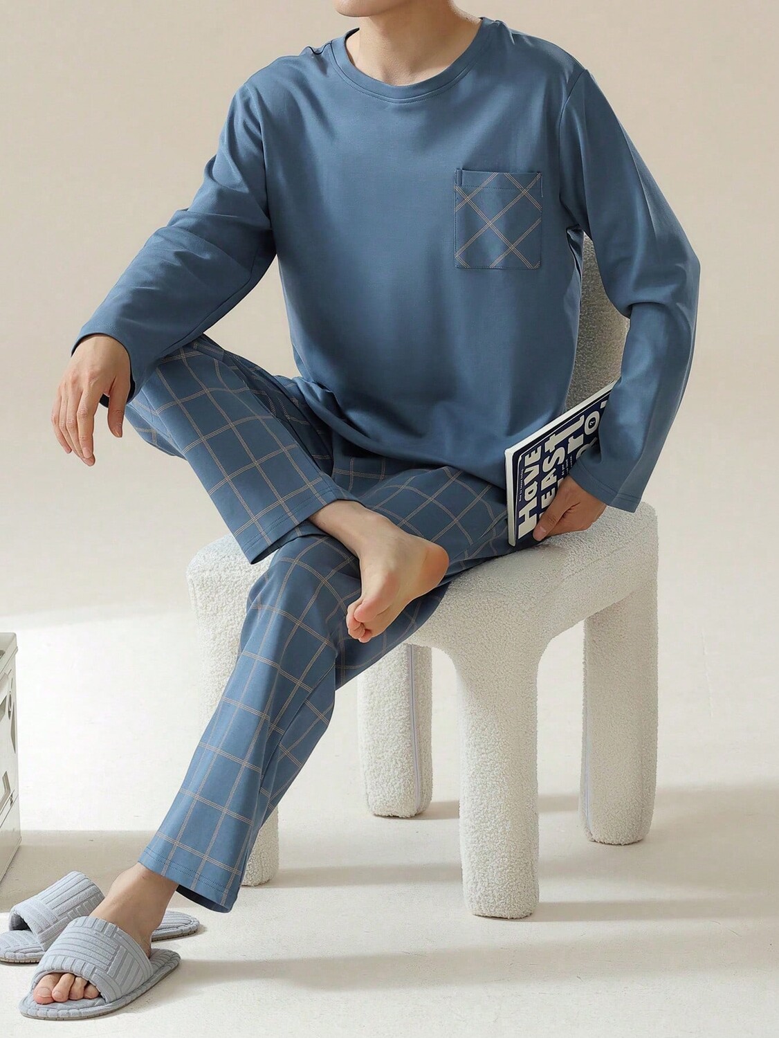 

2 Комплекта ночных рубашек свободного кроя с длинными рукавами и круглым вырезом и ночных рубашек в клетку для мужчин, которые можно носить весной/осенью/зимой, индиго/сине-зеленый