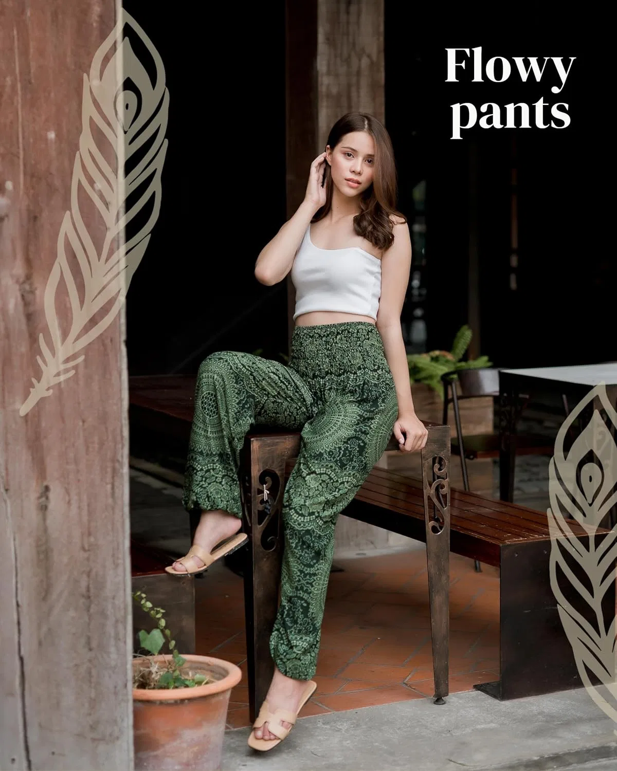 Boho Pants | Женские шаровары с карманами | Мягкая и дышащая струящаяся пижама | Мягкие штаны для йоги | Одежда в стиле хиппи для женщин, Mandala Green — фото 3