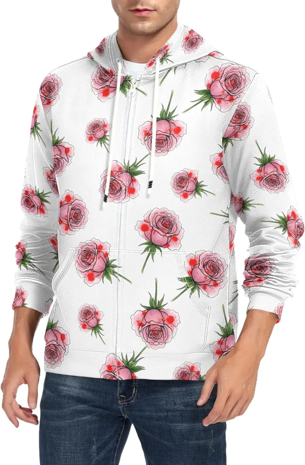 

Мужской худи на молнии с розовым принтом и красными точками, с длинными рукавами и карманом CUPADA