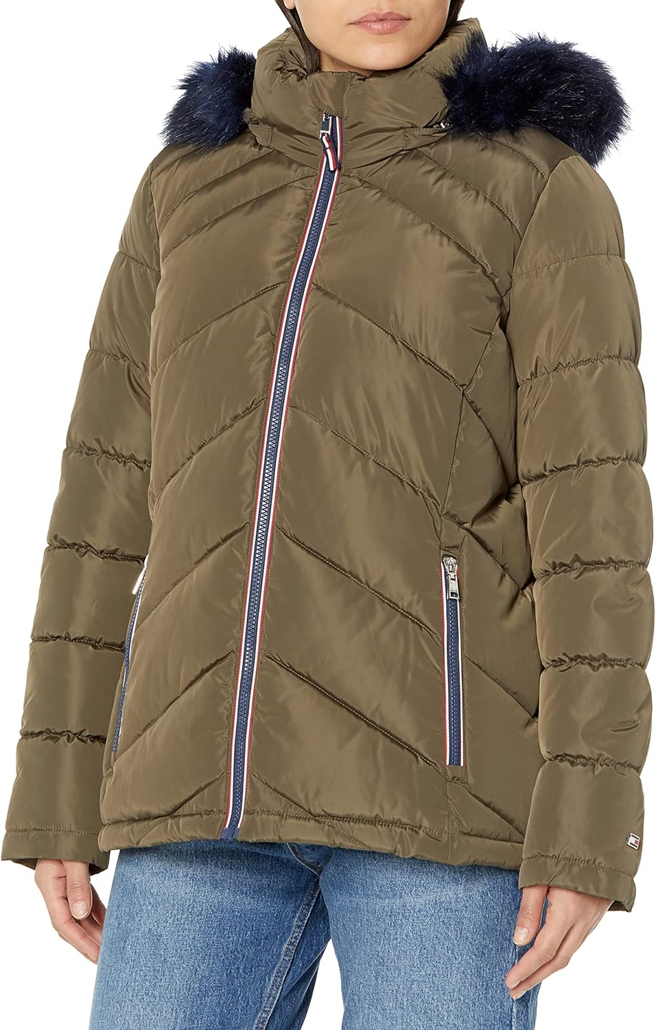 

Женская короткая стеганая куртка TOMMY HILFIGER с меховым капюшоном и присборенной талией, Chevron Juniper