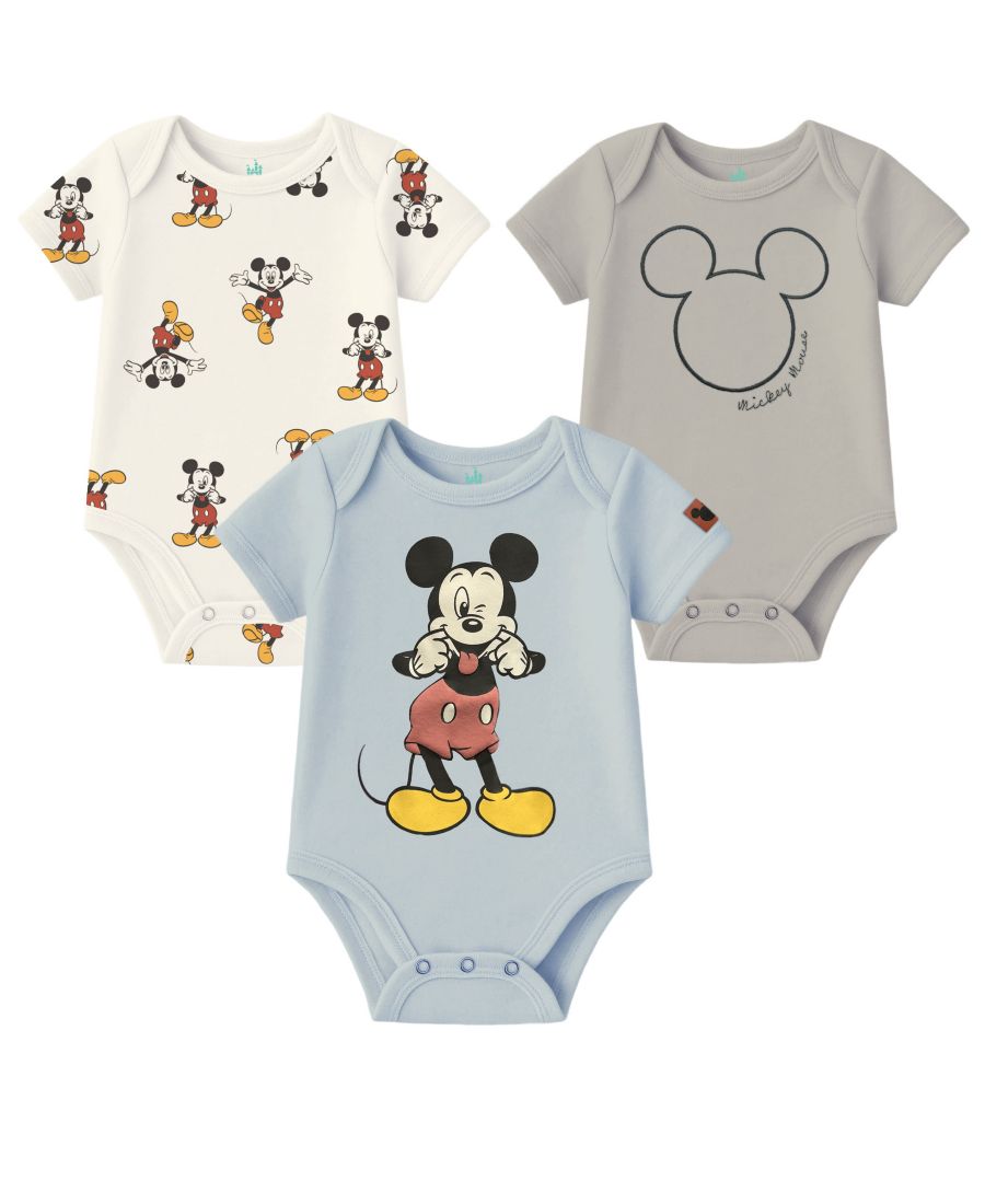 

Комплект из 3 боди с короткими рукавами и изображением Микки Мауса для мальчиков Disney, Cream/Blue/Gray