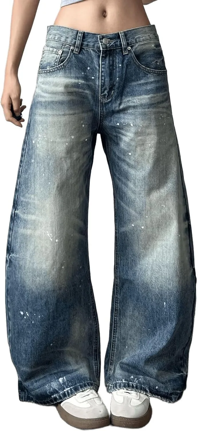 

Высокие мешковатые джинсы для женщин в винтажном стиле с эффектом потертости FEUSEUZ