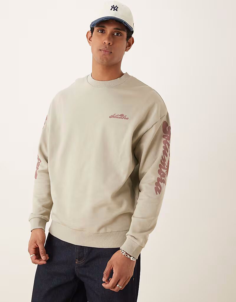 

Толстовка ASOS DESIGN oversize с текстовыми принтами на рукавах в каменном цвете
