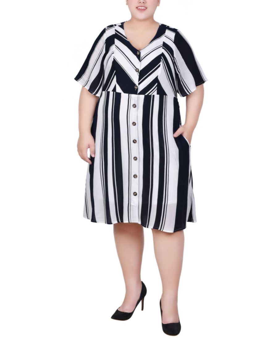 

Платье большого размера с рукавами до локтя и пуговицами спереди NY Collection, Navy White