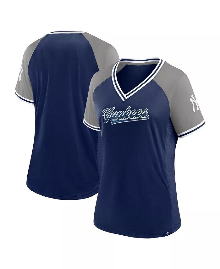 

Женская темно-синяя футболка с v-образным вырезом New York Yankees Glitz and Glam League Diva Raglan Fanatics, синий