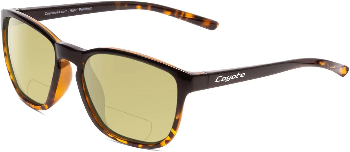 

Дизайнерские квадратные поляризованные солнцезащитные очки Coyote Rambler или бифокальные солнцезащитные очки | Унисекс | 53 мм, Black Tortoise Frame/Yellow Lens