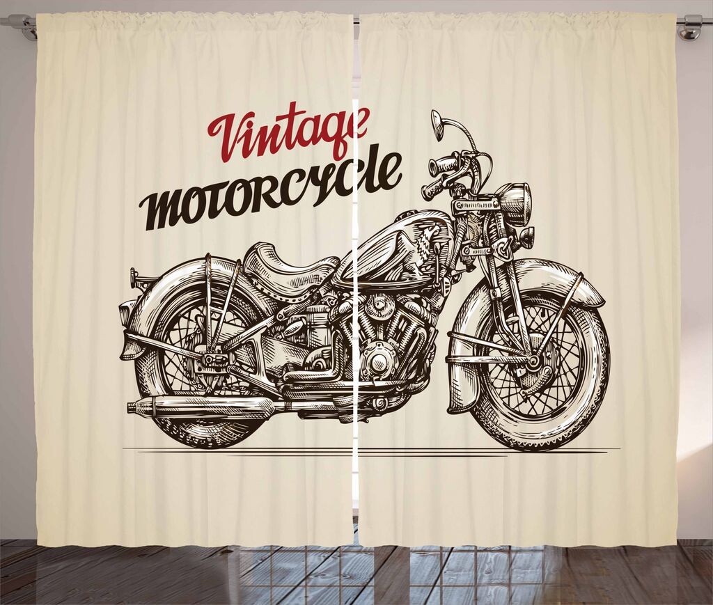 

ABAKUHAUS Мотоциклетная деревенская штора, Chopper Art Bicycle, Ленточная штора с рюшами для спальни с петлями и крючками, 280 x 175 см, бежевый и коричневый