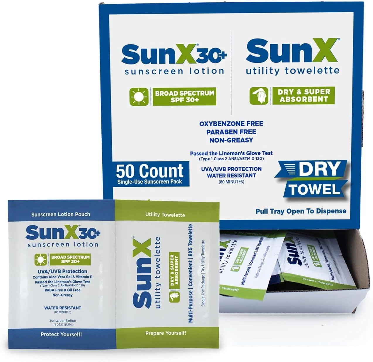 Солнцезащитный лосьон CoreTex Sun X 30+ SPF 30, набор 50 пакетиков с сухим полотенцем, белый